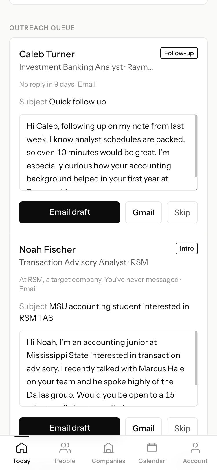 Orbit's outreach queue with a drafted follow-up email