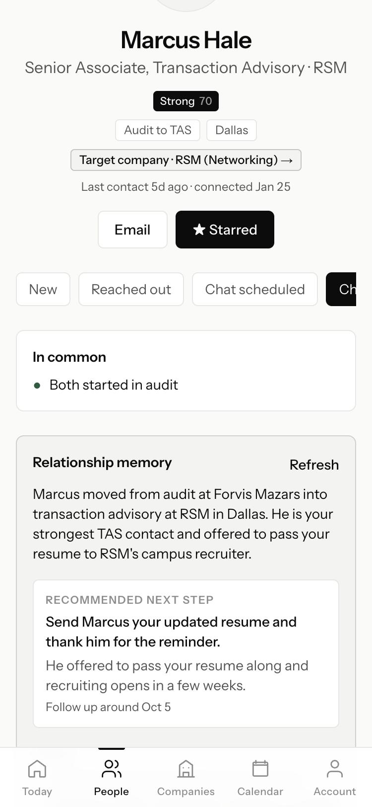 A contact's page in Orbit with what you have in common and a relationship summary