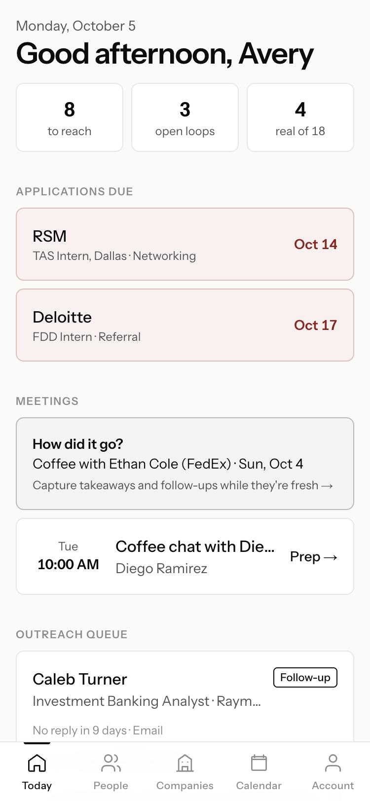 Orbit's Today screen with people to reach, applications due and meetings